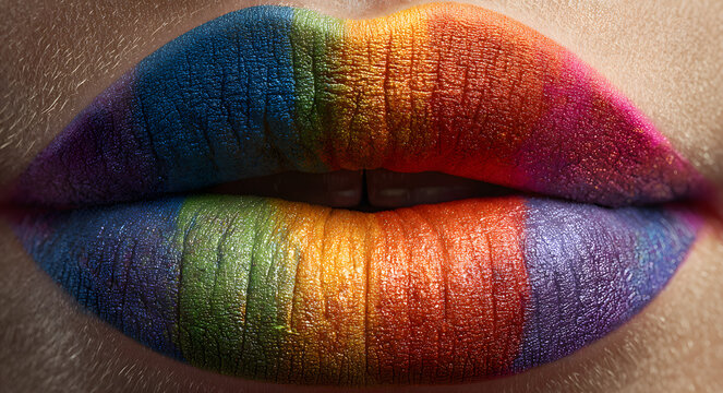 LGBTQ pride and celebration are celebrated through creative beauty expressions, such as rainbow colored lips.