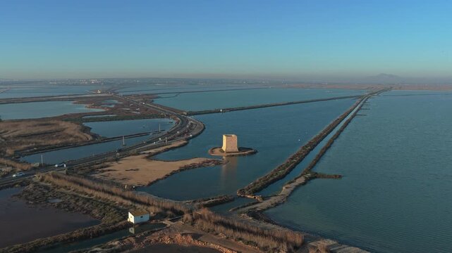 Aerial view of tamarit tower in santa pola salt flats