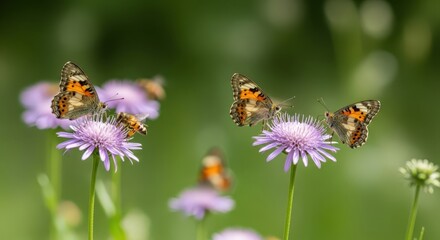 Obraz premium Painted Lady butterflies and bee on purple flowers in garden with green background