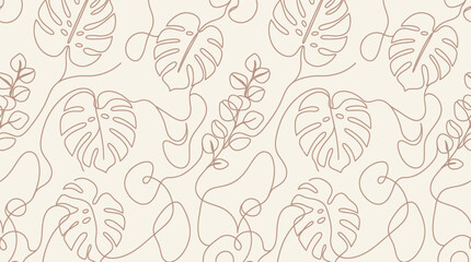 Beautiful minimalist floral pattern featuring elegant monstera leaves in a continuous line art design © Tharaka