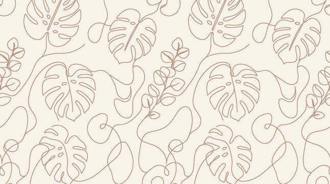 Beautiful minimalist floral pattern featuring elegant monstera leaves in a continuous line art design