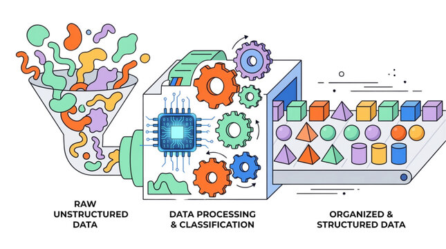 Data processing pipeline transforming raw unstructured data into organized structured data, isolated on transparent background