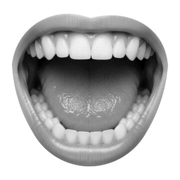 Monochrome halftone illustration of a wide open mouth screaming or shouting