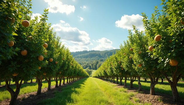 Rows of ripe orange trees in lush orchard under bright blue sky with white clouds. Sunlight shines on green foliage and fruit. This agricultural landscape features rolling hills in background.