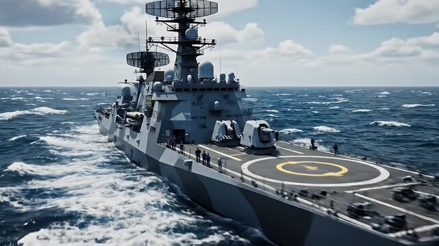 Military Warship Detail on Sea - A detail shot of a military warship underway at sea. The ship's deck and weaponry are visible, along with the ocean and sky.