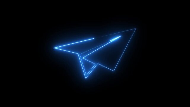 Blue Neon Paper Airplane icon on Dark Background &ndash; Message Send Symbol.