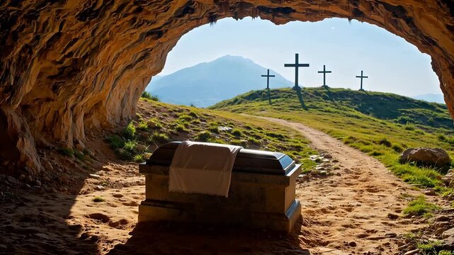 Cave with casket and crosses in landscape