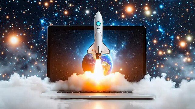 Laptop with rocket launching into space