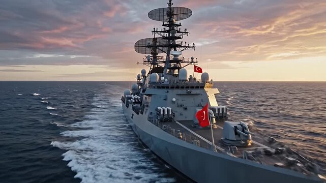 Turkish Warship on the Open Sea - A detailed view of a Turkish military warship sailing on the open sea during the sunset.