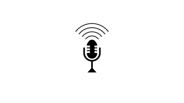 Simple black microphone icon with radio wave arcs above on white background, symbolizing pod casting, voice recording, broadcasting, or audio communication.