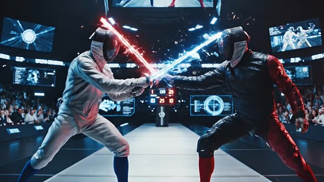 Futuristic Fencing Duel in High-Tech Arena - Two futuristic fencers are locked in a heated duel, their glowing swords clashing amidst sparks in a high-tech arena.