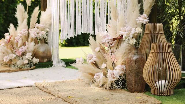 Closeup floral altar wedding arch pampas arrangement with rattan lantern and blush roses near macrame