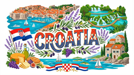 Croatia Culture and Tourism Vector Illustration with Dubrovnik Walls Plitvice Lakes and National Symbols