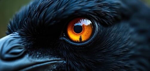 Fototapeta premium Extreme close-up of a raven eye. Dark feathers surround glowing orange iris. Bird gazes intently with reflection of forest in its pupil. Intense stare.