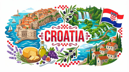Croatia Culture and Tourism Vector Illustration with Dubrovnik Walls Plitvice Lakes and National Symbols