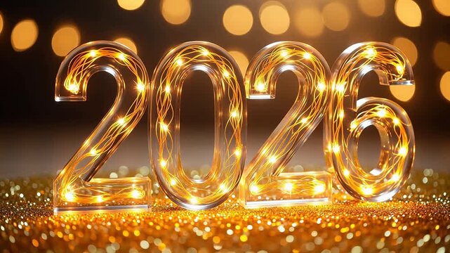 2026 numbers with lights on glittery surface