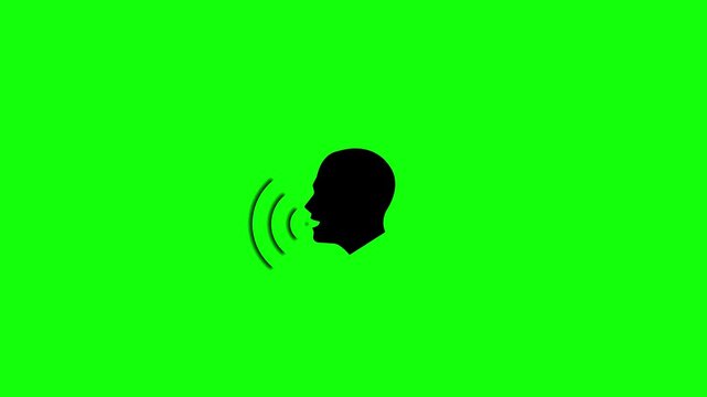 Minimal icon of a human head speaking with sound waves on bright green chroma key background, ideal for voice, speech, communication concepts and video overlays.