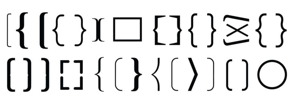 Black bracket set, vintage speech brackets, line text braces, calligraphy symbols, curly punctuation decorations, parenthesis vector kit, minimalist vector illustration
