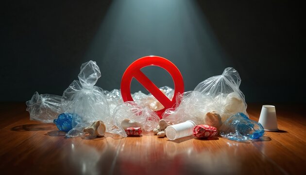 Plastic waste piled with prohibition sign. Bags, bottles, cups, and wrappers form a heap. Zero waste, recycle, eco-friendly concept against pollution. Stop trash.