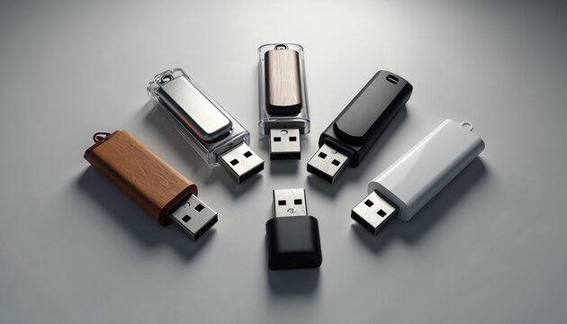 Multiple USB flash drives arranged in semicircle on white surface. Various colors, materials including wood metal, plastic. Portable storage devices offer quick data transfer for work education