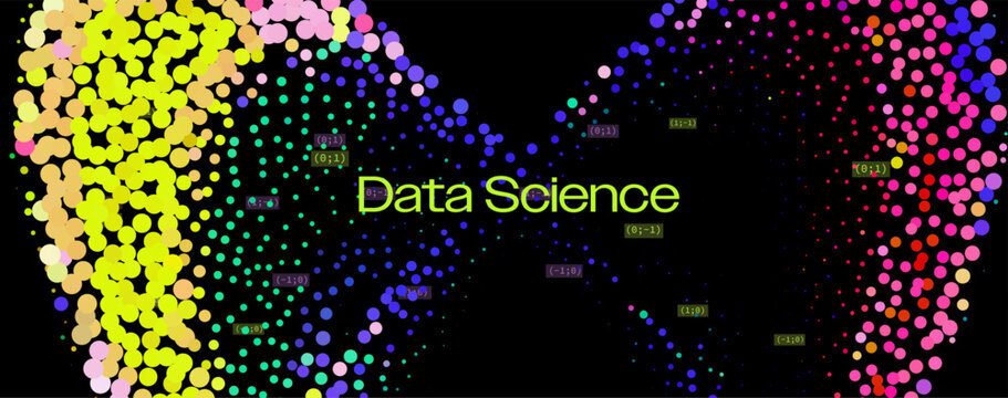 Colorful glowing dots create wave patterns in this abstract data visualization on black background with numbers. Conceptual vector illustration for big data analytics and digital technology themes.