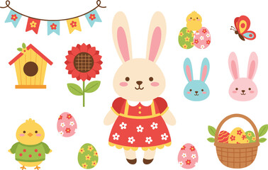 Naklejka premium Easter and spring festival vector collection featuring cute white bunnies chickens birds colorful eggs and floral garden elements.