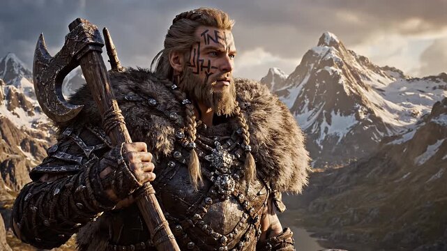 Viking Warrior in Mountain Landscape - A formidable Viking warrior with braided hair and intricate tattoos stands in a mountainous landscape, holding a large axe.