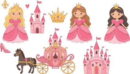 Pink princess fairy tale vector collection featuring cute princesses royal castles a magic carriage and golden crowns for children. © Mst Fateha Begum