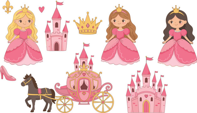 Pink princess fairy tale vector collection featuring cute princesses royal castles a magic carriage and golden crowns for children.