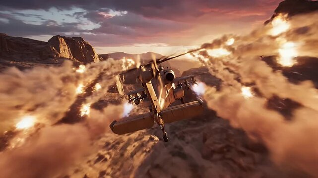 War Helicopter in Desert Action - An attack helicopter is flying low in a desert canyon, guns firing with bright muzzle flashes.