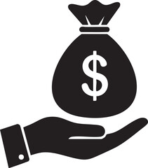 A black and white icon of a hand holding a money bag with a dollar sign