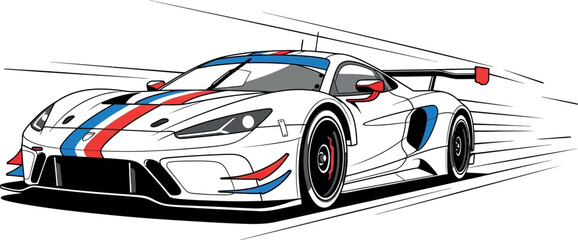 Dynamic vector illustration of a sleek, high-performance race car speeding forward with patriotic red and blue stripes, showcasing the excitement and thrill of automotive sports. © shazaib