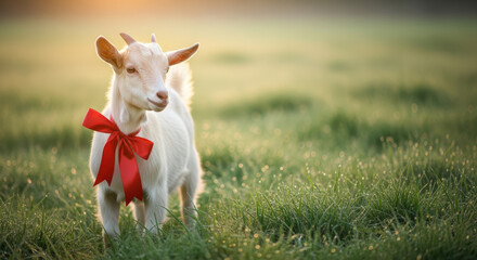 Fototapeta premium Playful baby goat with red ribbon standing in grassy field during sunset. This charming baby goat explores its surroundings, embodying joy and curiosity.