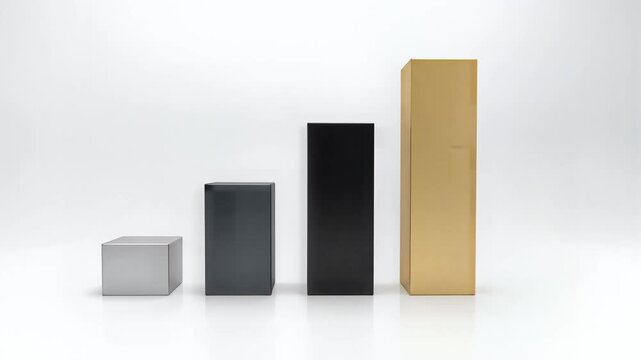 Animated Growing Bar Chart, minimalist design with four metallic boxes rising dynamically in sequence, representing financial growth