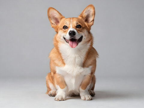 Cheerful welsh corgi pembroke sitting upright against plain grey background