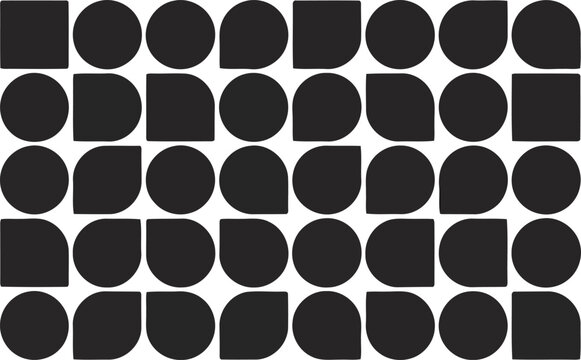 A repeating grid pattern displays black squares, circles, and quarter circle shapes on a pure white background