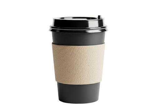 Matte black takeaway coffee cup with a blank cardboard sleeve on a transparent background with ample copy space concept for beverage advertising