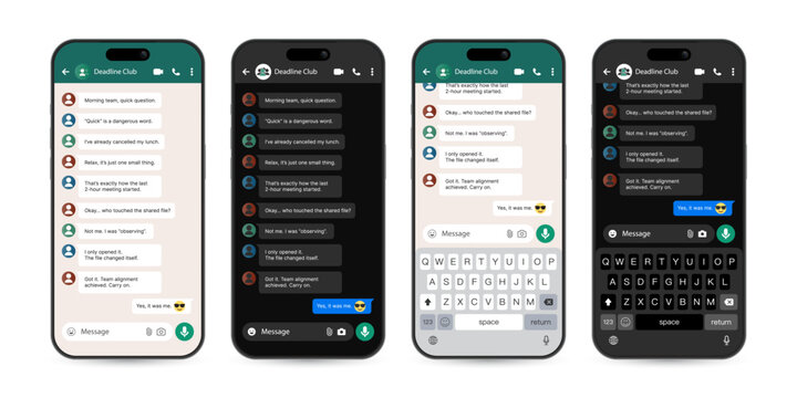 Smartphone Messenger Group Chat App UI Mockup with Keyboard in Light and Dark Theme &ndash; Mobile Social Media Interface Template Vector Illustration