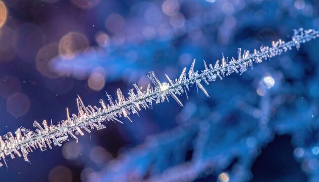 Intricate ice crystals forming delicate spicules on a frost-covered branch in a cold winter environment.