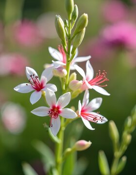 Delicate white gaura flowers bloom with pink centers on green stems. Buds are forming on a tall plant in a garden setting. Soft focus background shows pink and green colors.