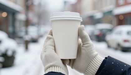 Enjoying a warm beverage in winter snowy street beverage photography urban environment close-up view cozy moments