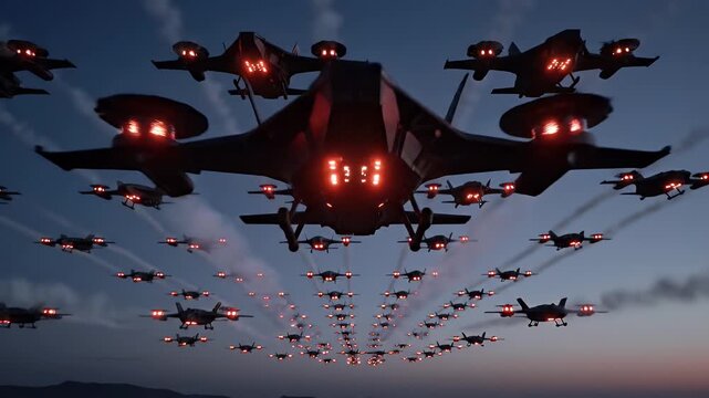Military Drone Fleet with Red Lights - A large fleet of advanced military drones equipped with glowing red lights flies in formation. The view is from below, looking up at the drones.