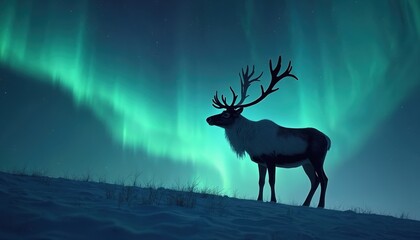 Naklejka premium Reindeer stands on snowy hill under green northern lights sky. Stag with large antlers gazes into distance. Wild animal in cold winter arctic landscape. Aurora borealis shines brightly.