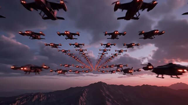 Fleet of Military Drones - An armada of advanced military drones flies through the sky at dusk. The drones have glowing red lights and are arranged in a symmetrical formation above a mountain range.
