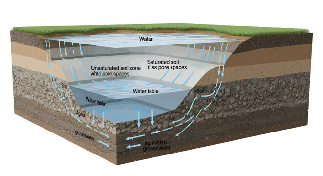 Groundwater flow through soil layers with water table and saturated zones