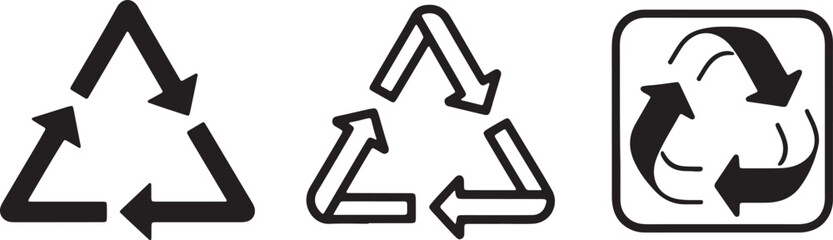 Three black and white recycling symbols with arrows also transparent background environmental symbol