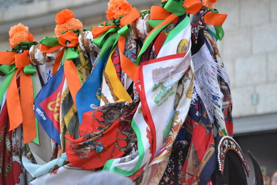 Traditional celebration at fiesta de la vaquilla in colmenar viejo with colorful ribbons and decorations. Spanish traditions, folk festival