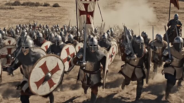 Medieval Knights Charging into Battle - A large group of medieval crusader templar knights are shown charging forward in full armored battle gear, carrying swords and shields emblazoned with red
