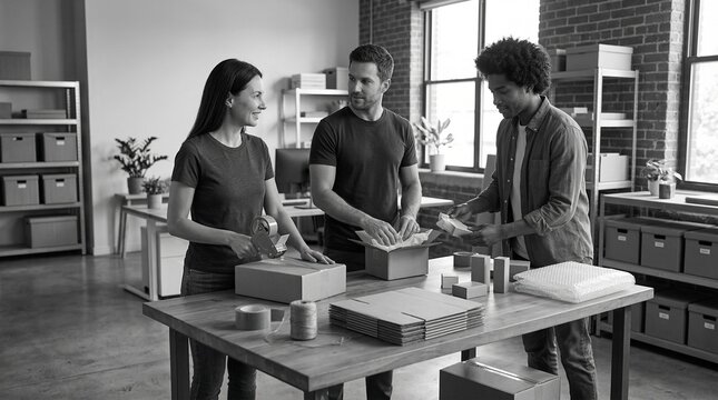 Modern small business teamwork around packaging table in bright studio, ideal for commercial projects.