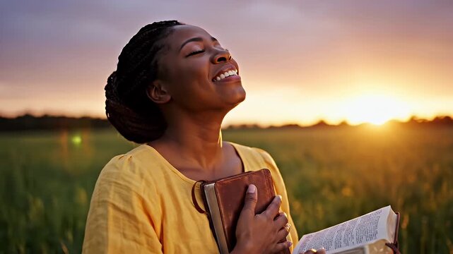 Woman Praying with Bible at Sunset - An African American woman is shown smiling and holding a Bible, appearing to pray or worship at sunset. The background features a golden sky and a field of green.